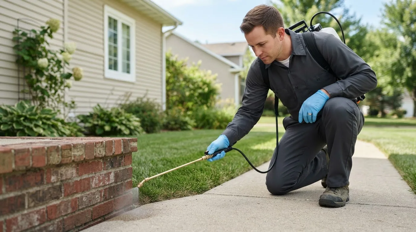 Pest control technician treating a home near Badger, AK