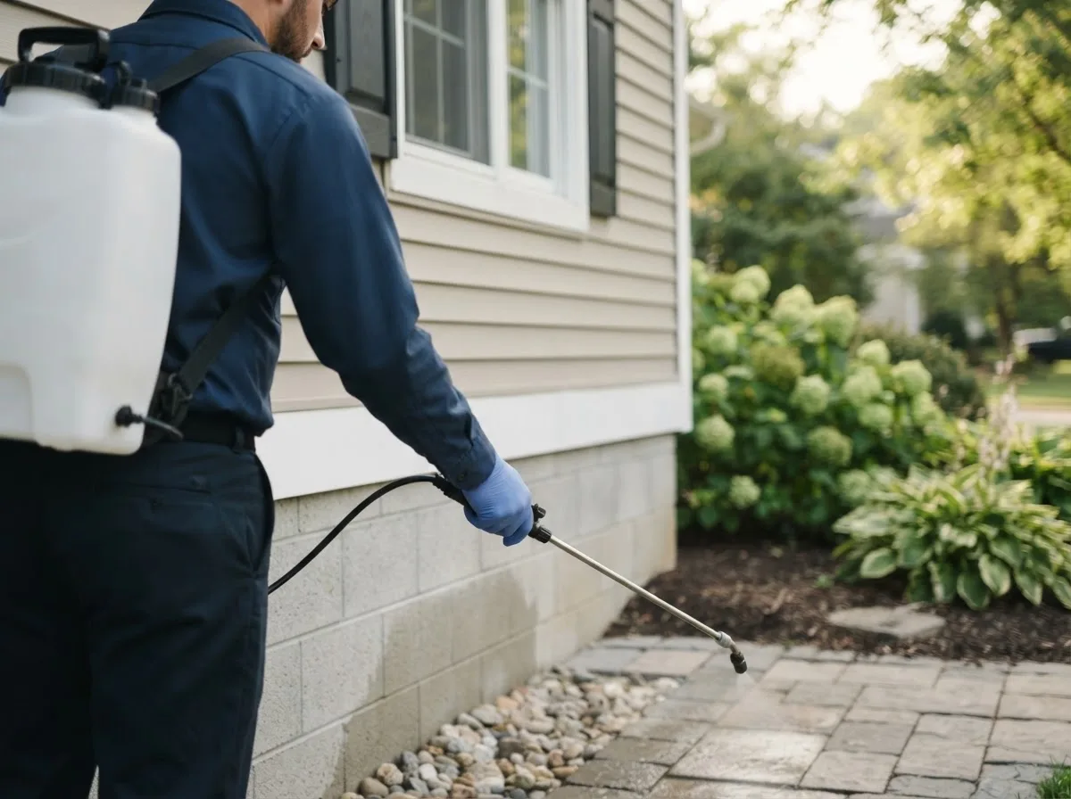 Pest control technician inspecting a home in Badger, AK